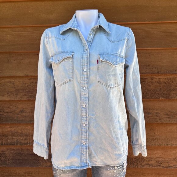 Vintage Levis Stonewash Denim Western Shirt Womens M Snap Front - Picture 2 of 11